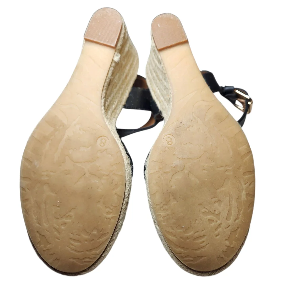 Pesaro Espadrille Wedge Black Vegan Leather Sandals Ankle Strap‎ Gold Buckle 8